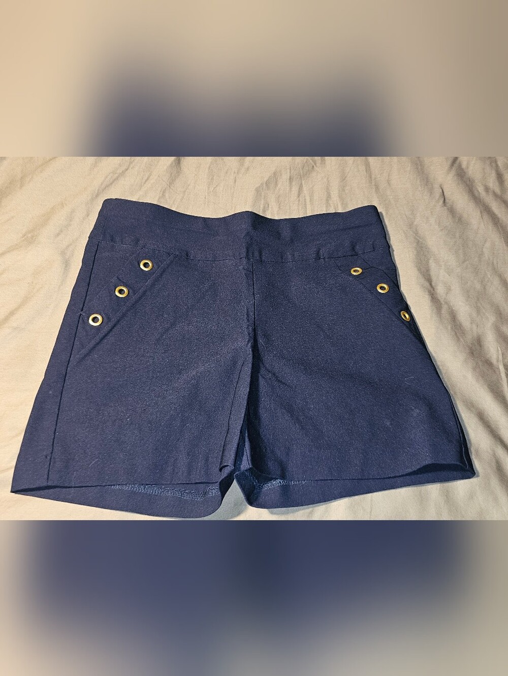 Women’s Navy Blue Stretch Shorts with Gold Eyelet Detail